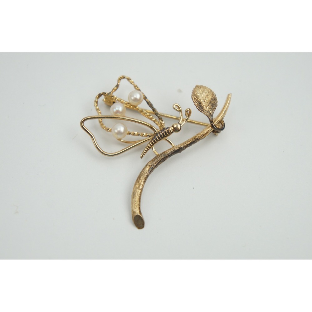 A&Z Brooch Butterfly Branch 12K Gold Filled Faux Pearl Vintage Good